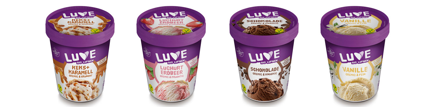 Made with Luve Lupinen Eis der Sorten Keks-Karamell, Lughurt-Erdbeer, Schokolade und Vanille