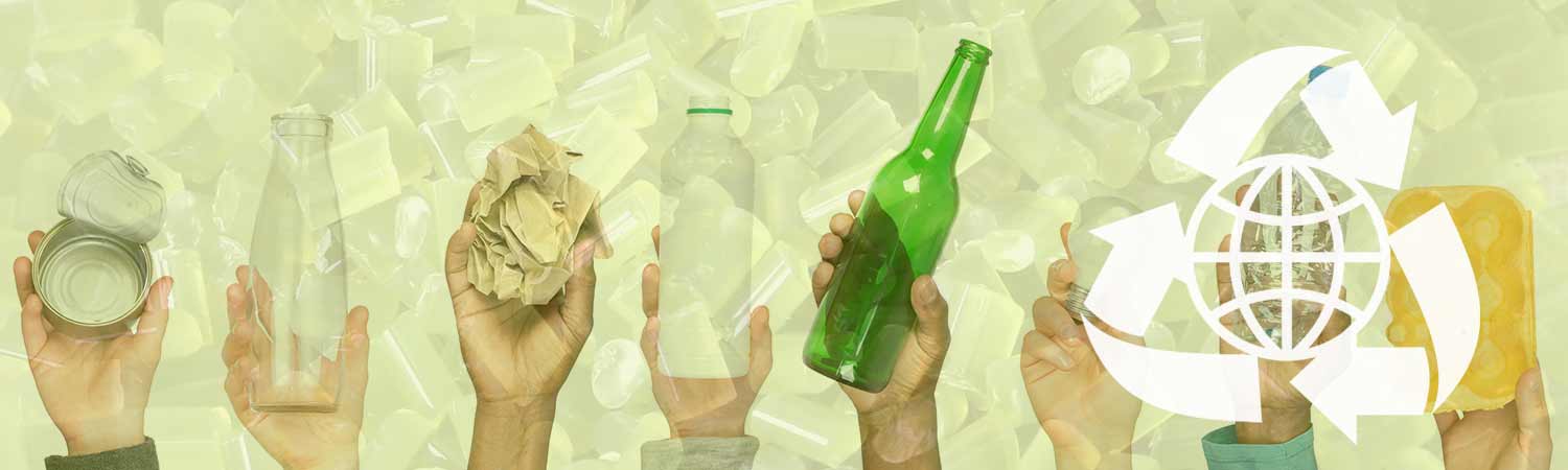 Hands each holding a recyclable product (glass bottle, can, egg box, plastic bottle, light bulb), recycled granules in green in the background.