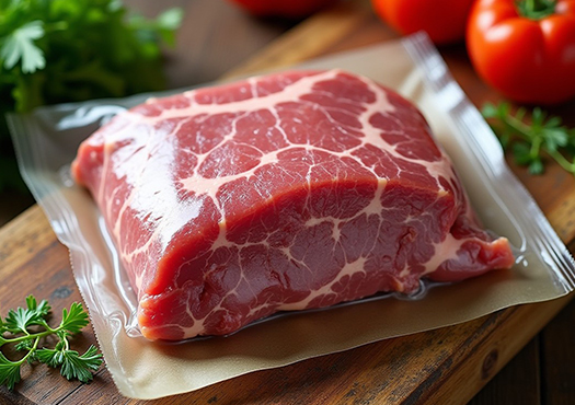 Vakuumverpacktes Rindfleisch - Mate4 Meat Vakuumverpacktes Stück rohes Fleisch mit schöner Marmorierung, präsentiert auf einem Holzbrett, dekoriert mit frischer Petersilie und Tomaten im Hintergrund