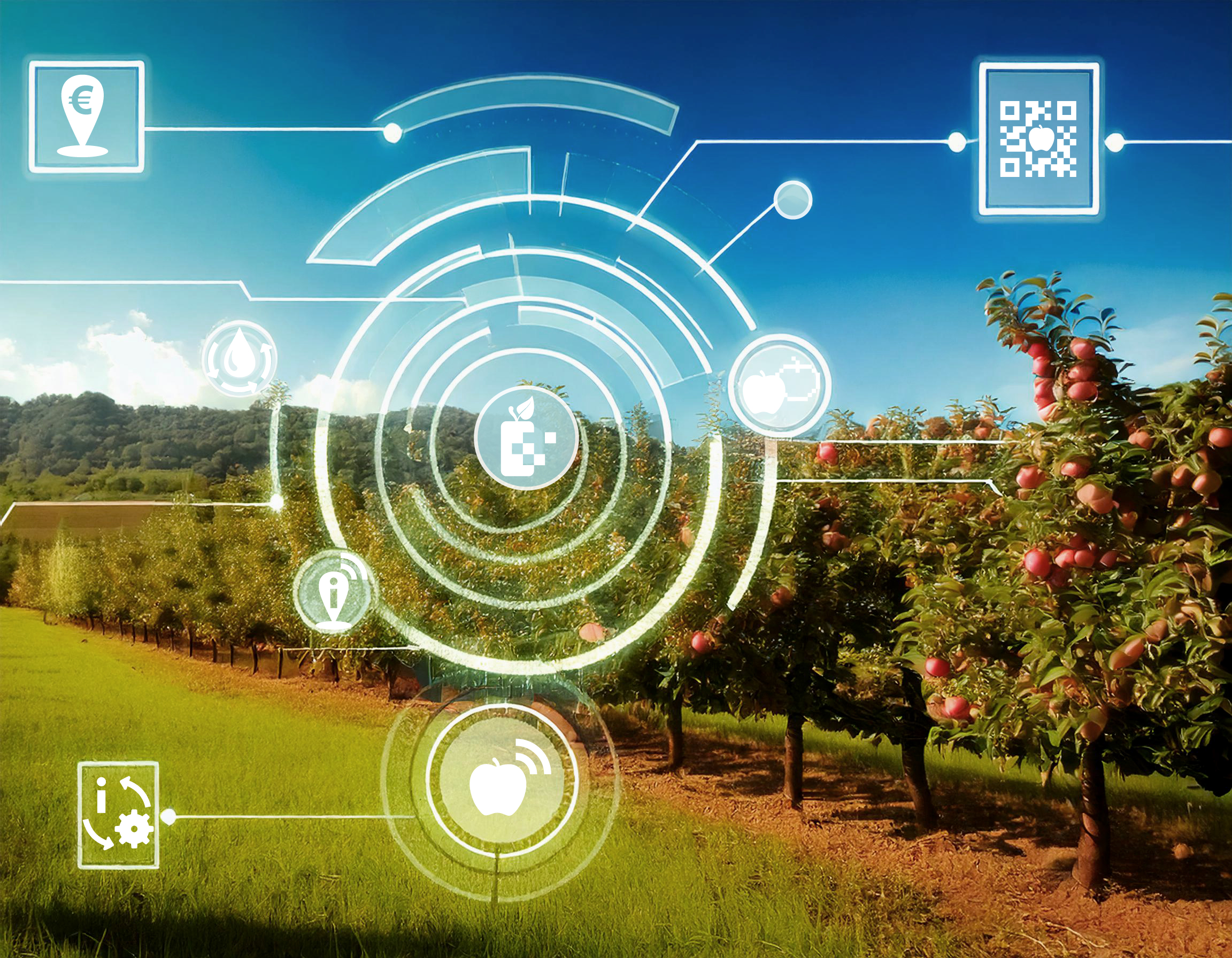 Eine mit KI erzeugte Abbildung von Obstbäumen über die Symbole, wie ein Apfel, Wassertropfen, QR-Code u. a. gelegt sind, um den Begriff Digitalisierung bildlich darzustellen.