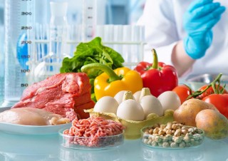 Fleisch, Eier, Paprika und verschiedenes Gemüse stehen auf einem Labortisch.