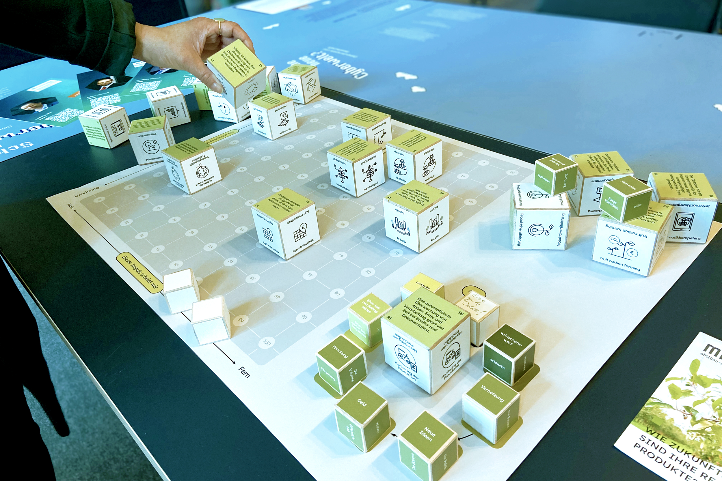 Tisch mit beschfifteten verschiedene Würfeln mit Ideen für den Obstbau in Mitteldeutschland