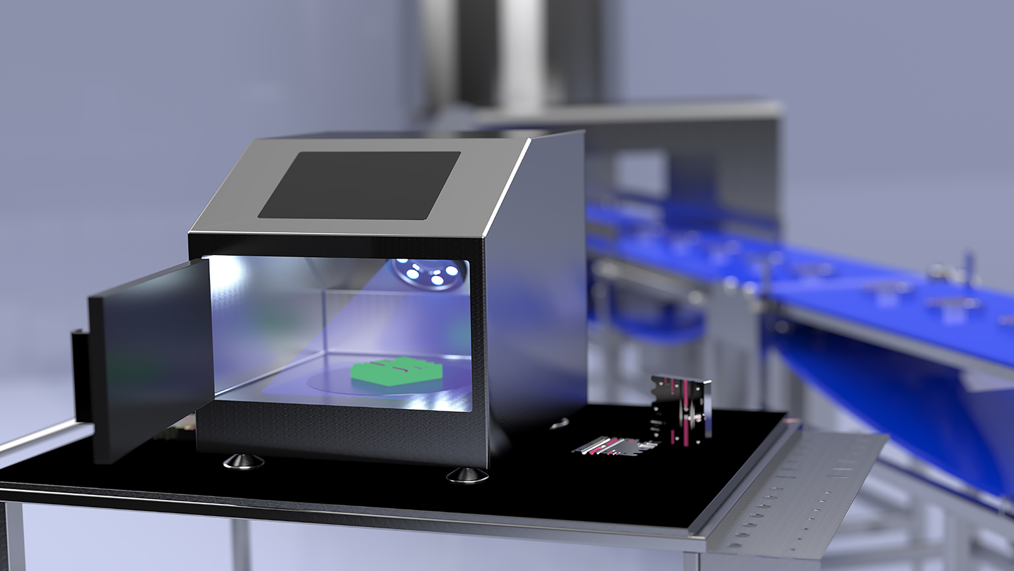 CoControl-Lumi3D: Automatisierte Detektion von filmischen Verunreinigungen auf drei-dimensionalen Bauteilen Rendering des Detektionssystems CoControl-Lumi 3D mit einem Bauteil in der Kammer.