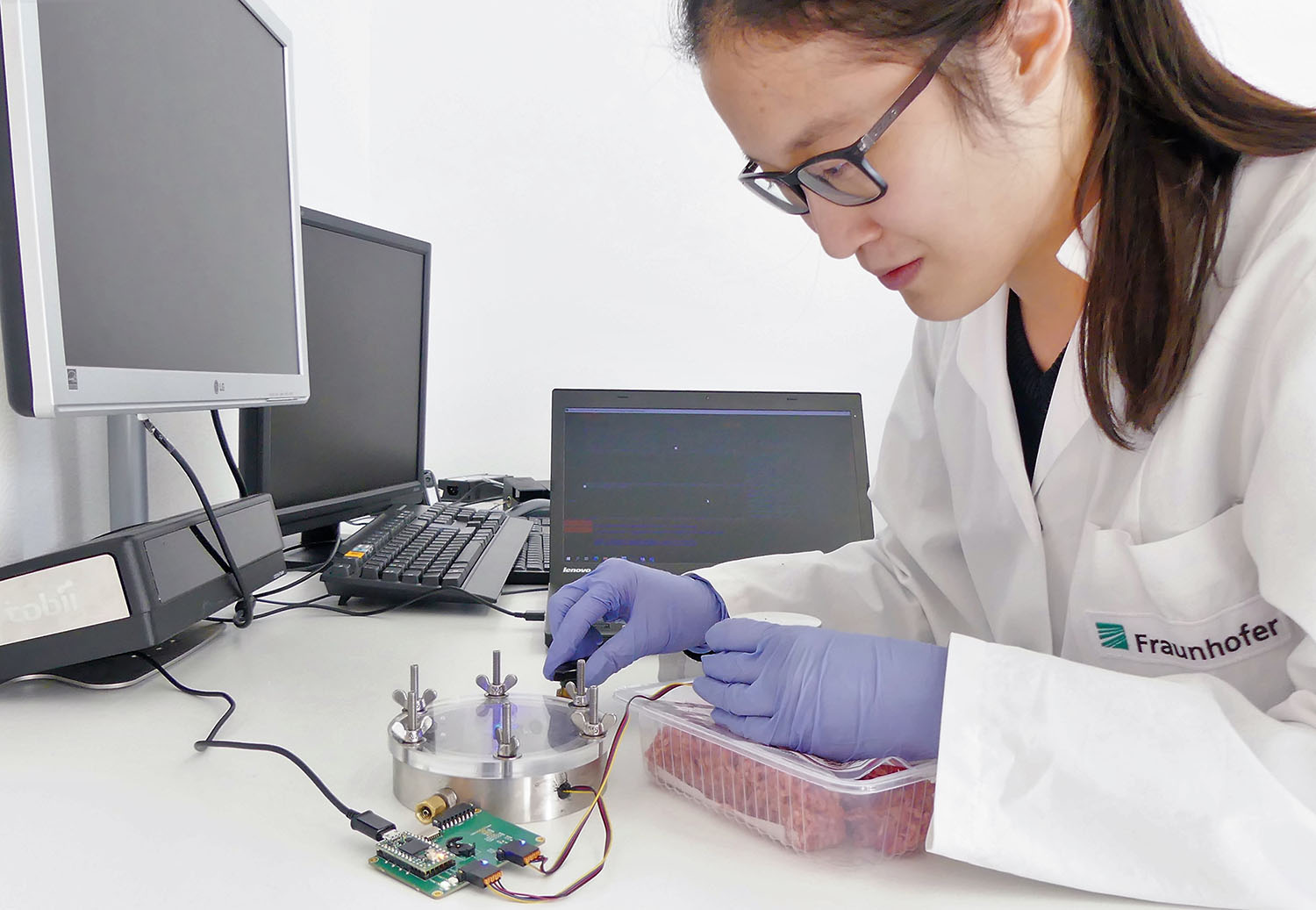 Zukunftslabor 2030: Nachhaltiger Verbraucherschutz Wissenschaftlerin erfasst Daten aus einer Hackfleischverpackung mit kleinen, digitalen Gassensoren.