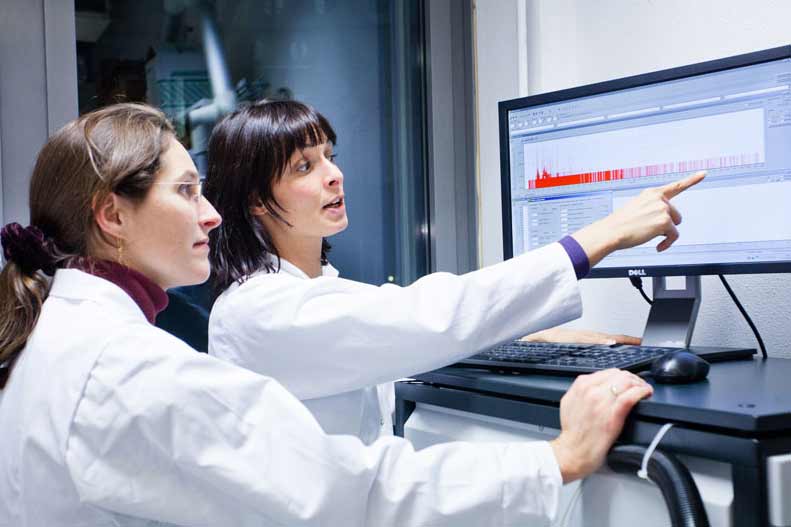 Zwei Wissenschaftler untersuchen am Bildschirm die Ergebnisse aus der PTR-MS Analyse