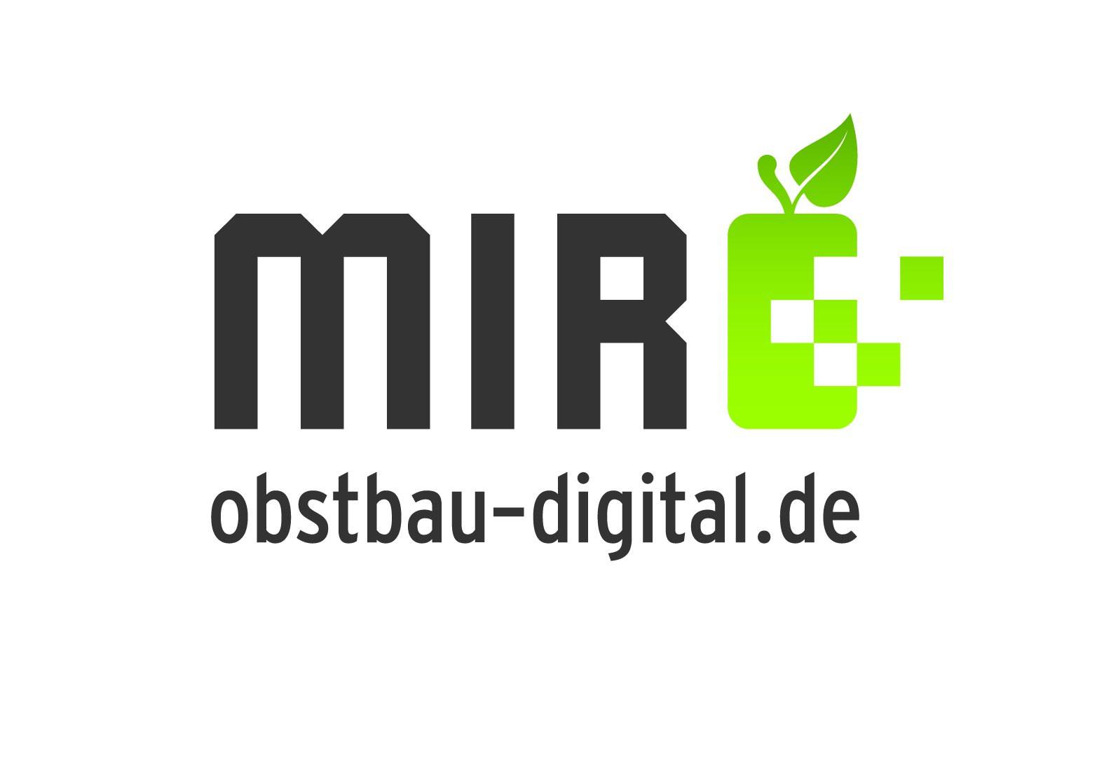 Logo des Projekts Mitteldeutsche Innovationsregion Obstbau. der Schriftzug MIRO ist in Kleinbuchstaben dargestellt, das "O" in gGestalt eines grünen Apfels in Pixeln. Darunter steht der HInweis auf die Webseite obstbau-digital.de