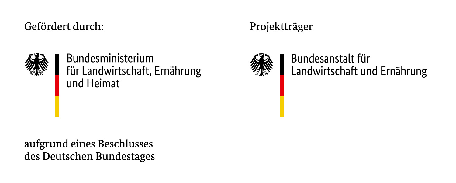 Kombilogo des Bundesministeriums für Landwirtschaft, Ernährung und Heimat BMLEH mit Förderzusatz und Projektträger Bundesanstalt für Landwirtschaft und Ernährung BLE