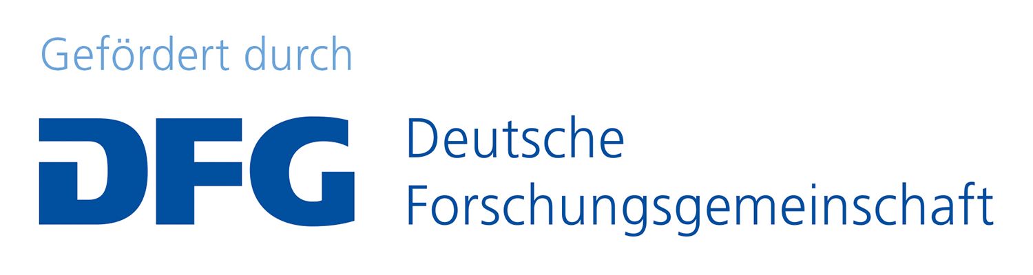 Logo der Deutschen Forschungsgemeinschaft. In blauen Großbuchstaben DFG und SChriftzug Gefördert durch Deutsche Forschungsgemeinsschaft, vor weißem Hintergrund