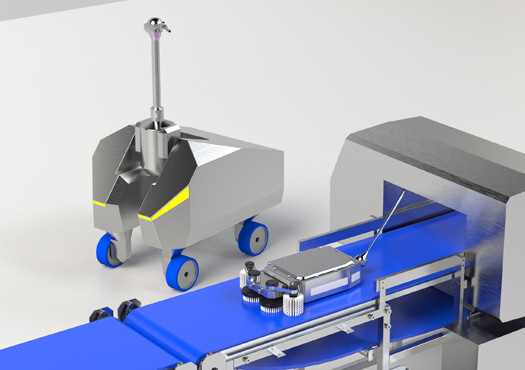 Abbildung der beiden Varianten des Reinigungsroboters in einer Produktionsumgebung.