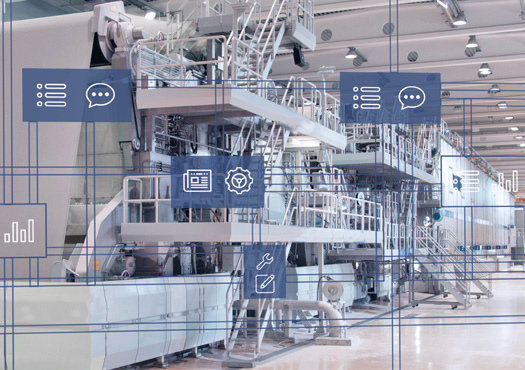 Assistenzsystem für einen  optimierten Wertstoffkreislauf in der Papierindustrie - ODiWiP Abbidung einer Papiermaschine mit digitalen Icons im Vordergrund