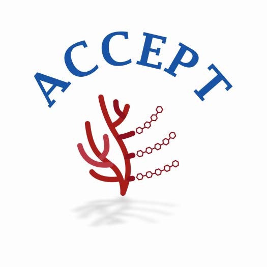 Logo für ACCEPT Eine rote Alge und darüber ein blauer Schriftzug mit dem Namen ACCEPT