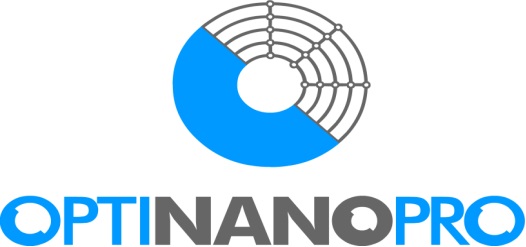 Logo des Projekts OptiNanoPro, bestehend aus dem blau-grauen Titel OptiNanoPro und dem runden, halbseitig blau gefärbten Kreis