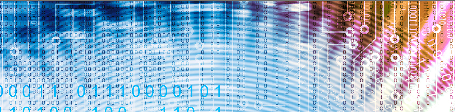 Schematic of a circuit board in blue-red color with binary number series superimposed on it as a symbol of resilience.