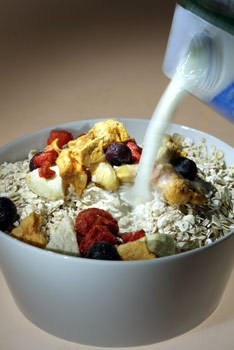 Milk alternative in cereal bowl