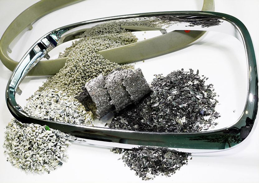 Recycling of plastics Car mirror remnants and various recyclates