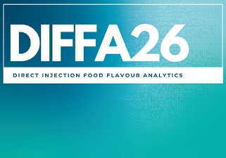 Blue-green image with white lettering for the event DIFFA26 Direct Injection Food Flavour Analytics