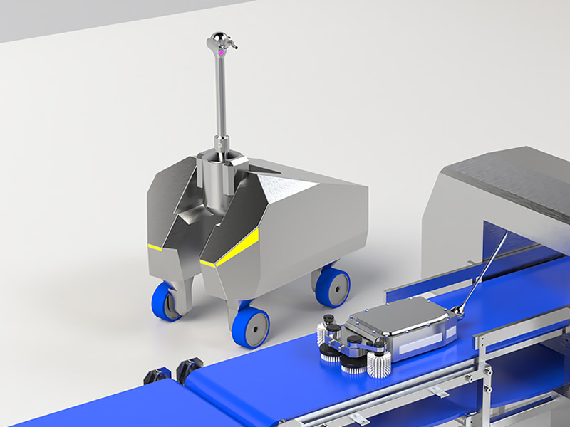 »MCD« und »Inline-MCD«: Reproduzierbarkeit und Prozesssicherheit für Reinigungsprozesse durch intelligente Reinigungsrobotik. Abbildung der beiden Varianten des Reinigungsroboters in einer Produktionsumgebung.