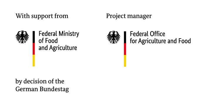 Combined logo of the German Federal Ministry of Food and Agriculture BMLEH with funding supplement and project management agency Federal Office for Agriculture and Food BLE Combined logo of the German Federal Ministry of Food and Agriculture BMLEH with funding supplement and project management agency Federal Office for Agriculture and Food BLE